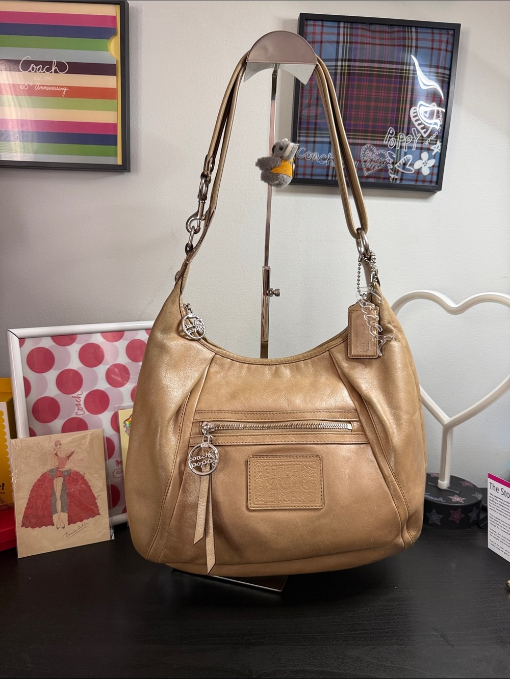 Coach Poppy Leather Shoulder Hobo Bag with Legacy interior